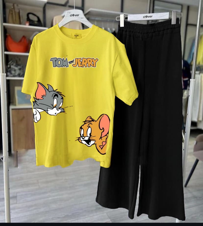 Tom & Jerry Cute Cartoon Printed Night Wear Premium Quality Women's & Kids' Nightwear – Stylish, Comfortable, and Soft Sleepwear Pajamas, Night Suits & Loungewear for All Seasons Adult Size S to XL & Kids Size 7 to 14 Years, Tees Pajama T-shirt Palazo