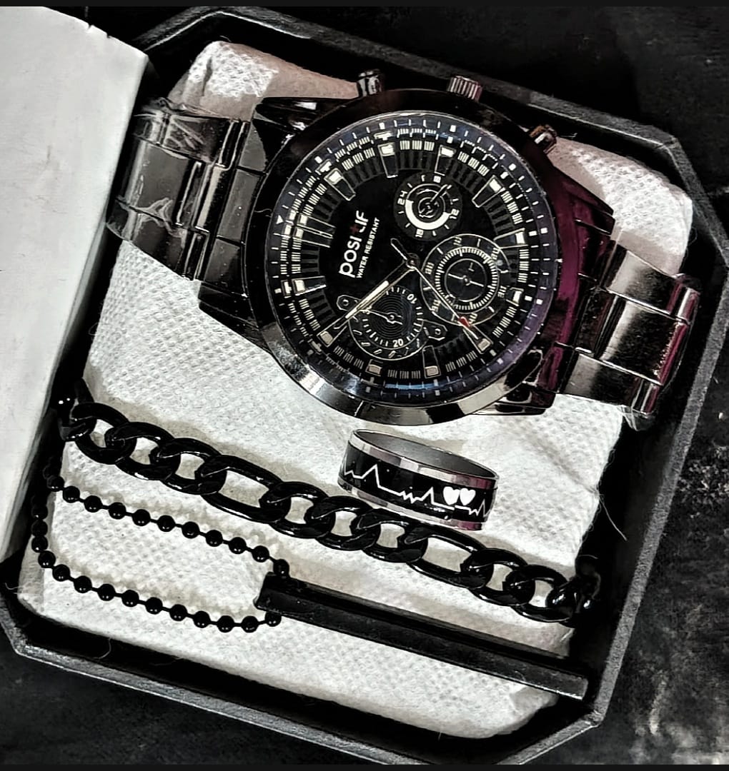 Latest Design 2025 Watch Black Business Watches + Bracelet + Cuban Chain Bracelet +3D Bar Locket  With Chain+Ring -High Quality In Random Dial watch Design With Stainless Steel Strap + Bracelet Chain + Necklace + Ring For Boys Men