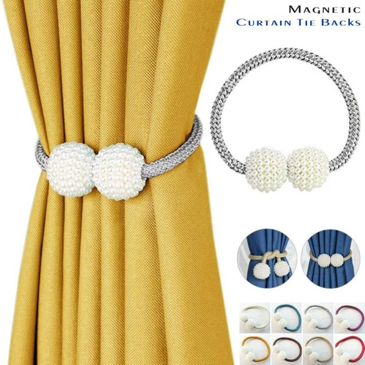 2 PCS Magnetic Pearl Curtain Buckle Magnetic Curtain Tiebacks Convenient Drape Tie European Style Decorative Weave Rope Curtain Rings & Buckles Holder for Window Sheer Blackout Draperies, Braided Straps Ball Buckles, Parday