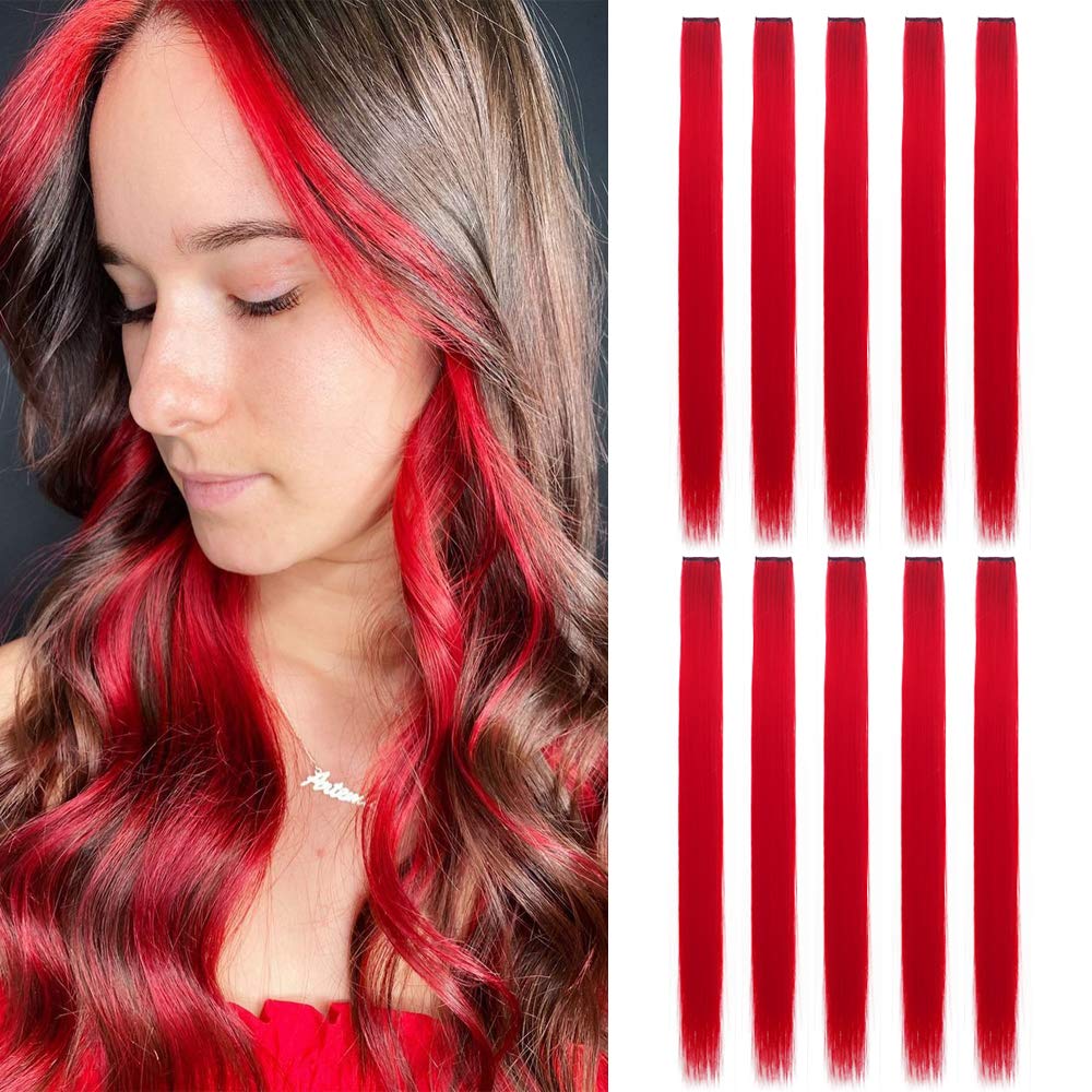 Red Color Single Clip Hair Extension For Girls