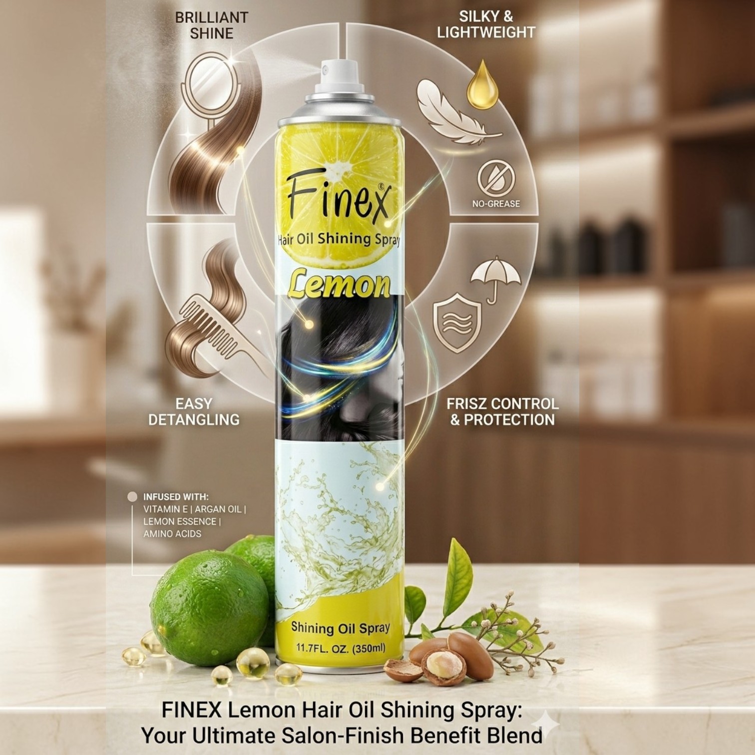 Finex Hair Shine Spray 350ml - Lemon & Strawberry Hair Oil Shiner for Instant Gloss, Frizz Control & Heat Protection