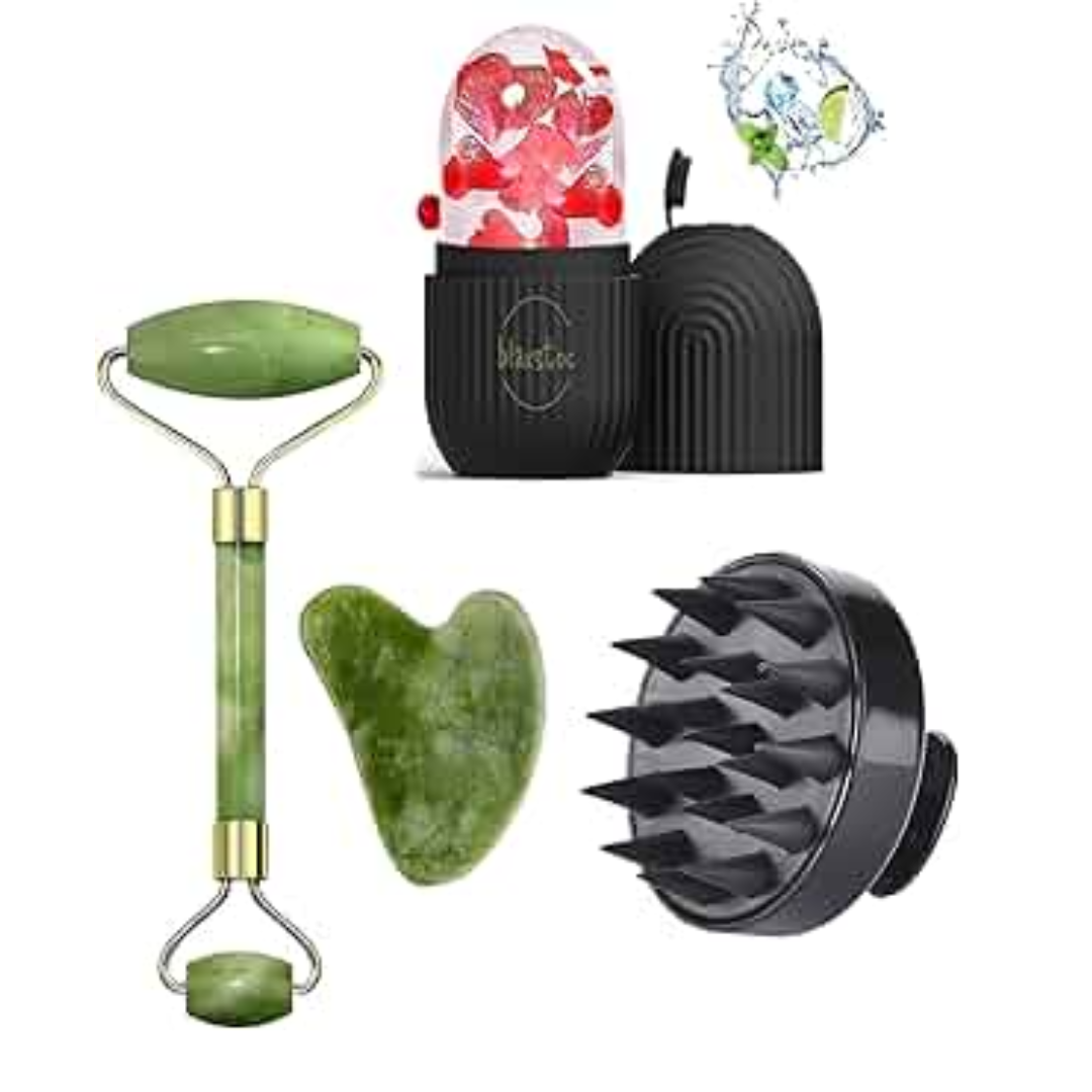 Hair Scalp Massager , Silicone Ice Roller and Jade Roller & Guasha Tool Natural Himalayan Stone for Face Neck Healing Skin Wrinkles & Serum Application.Silicone Ice Roller Facial Massage for Cryotherapy - Beauty Skin Care Massage