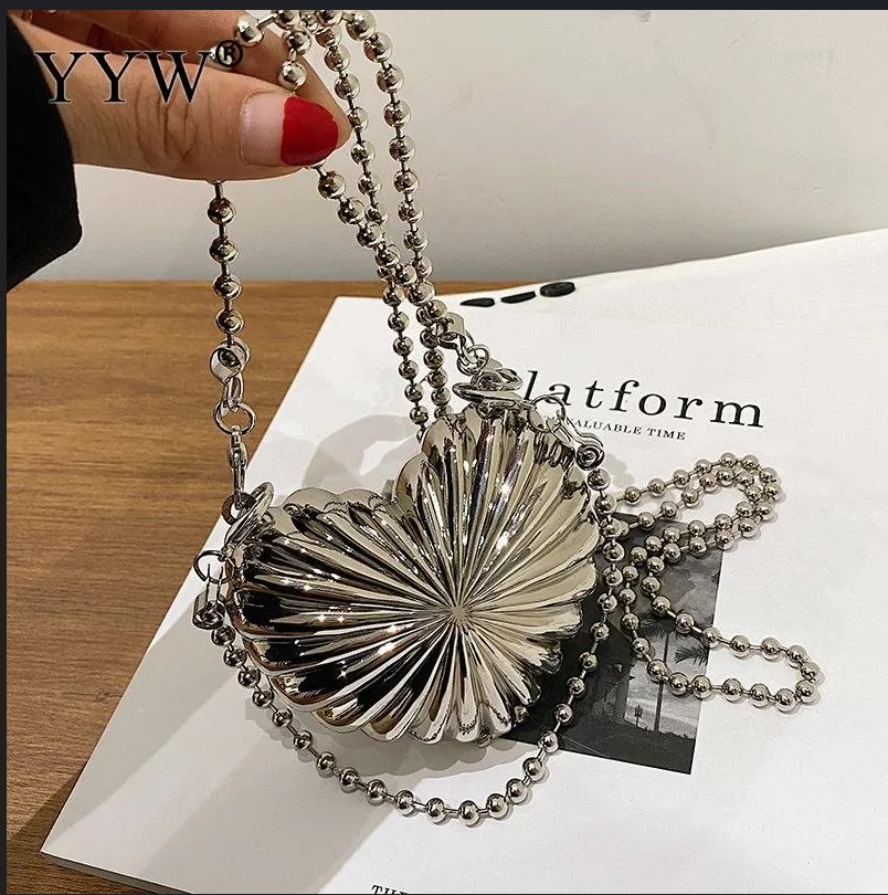 Most Trendy Mini heart clutch Metallic / Acrylic Clutch With Long Chain For Women & Girls