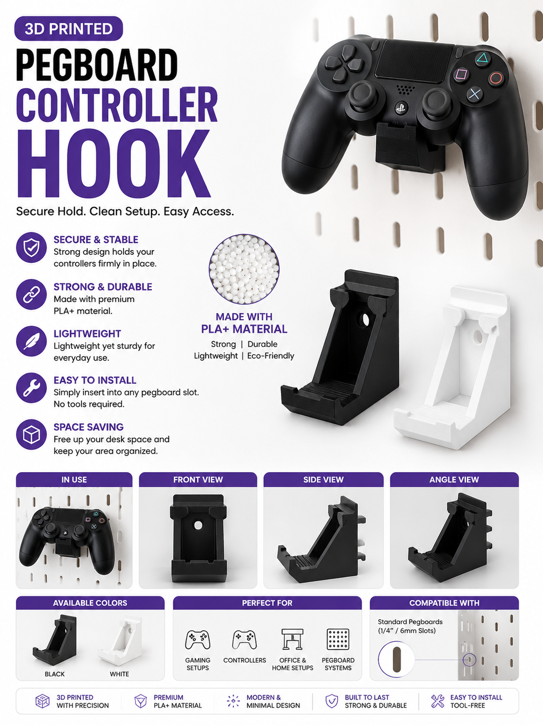 Pegboard Controller Holder | Wall Mount Game Controller Stand | Compatible with PS4, PS5, Xbox & PC Controllers | PLA+ | Black & White