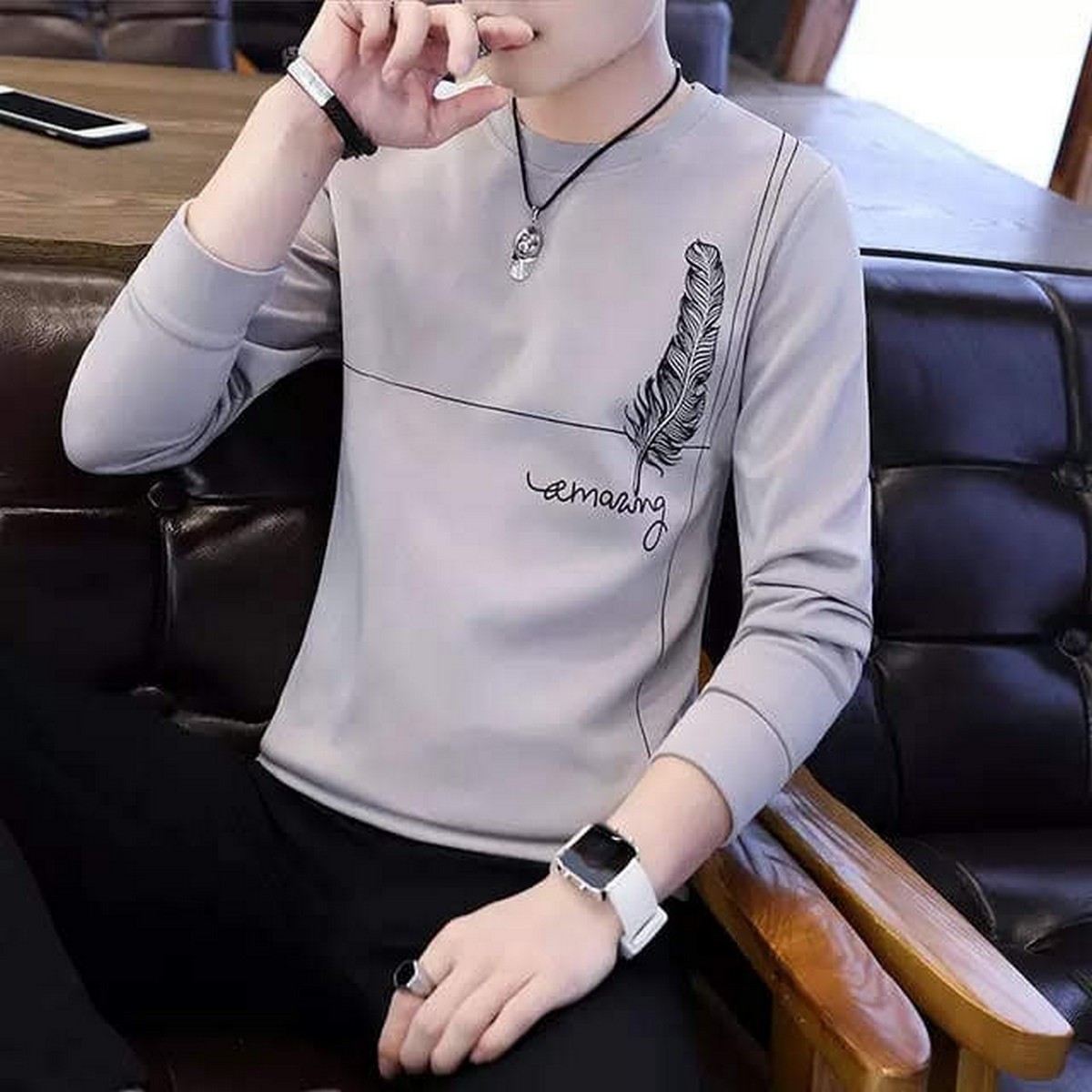 Stylish Leaf Printing Full Sleeve T 