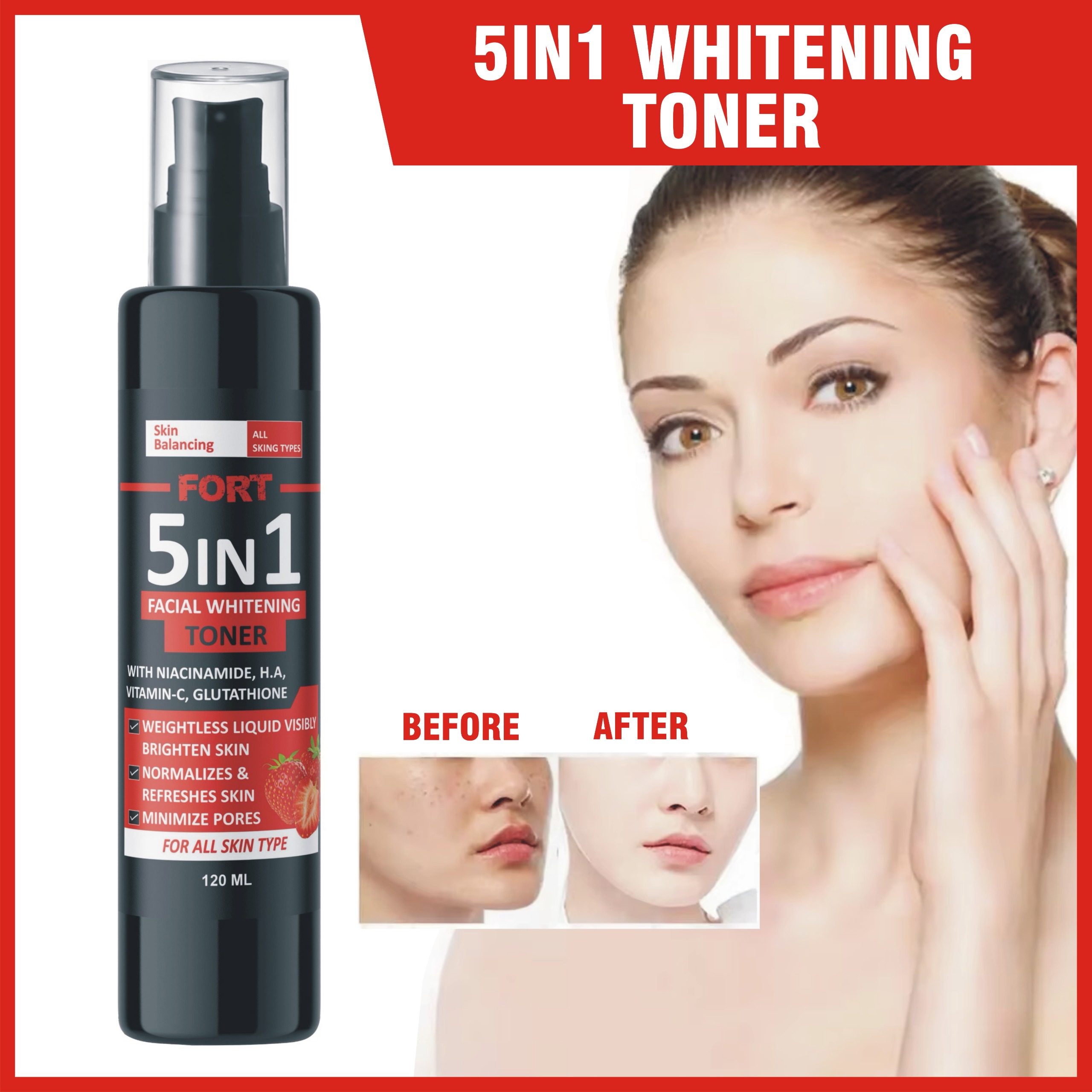 FORT 5 in 1 Fecial Whitening Toner With Niacinamide H.A Vitamin-C Glutathione 120ml price in Pakistan