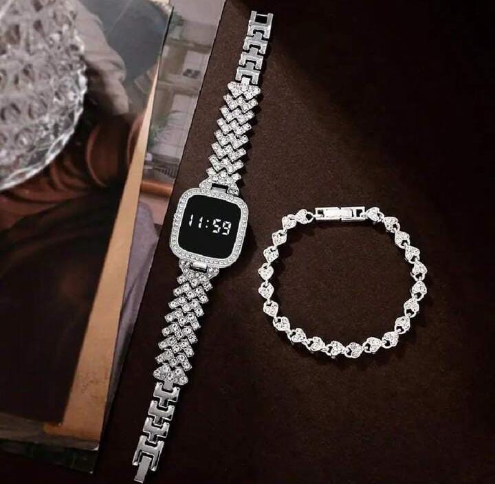 Diamond Touch Screen LED Watch for Ladies –Jewellery For Girls Style in Stainless Steel Chain Digital Wristwatch for Women's – Stylish Fashion Watch For Girls With Bracelet in Silver Stone Round & Square Dial Shape For Gift