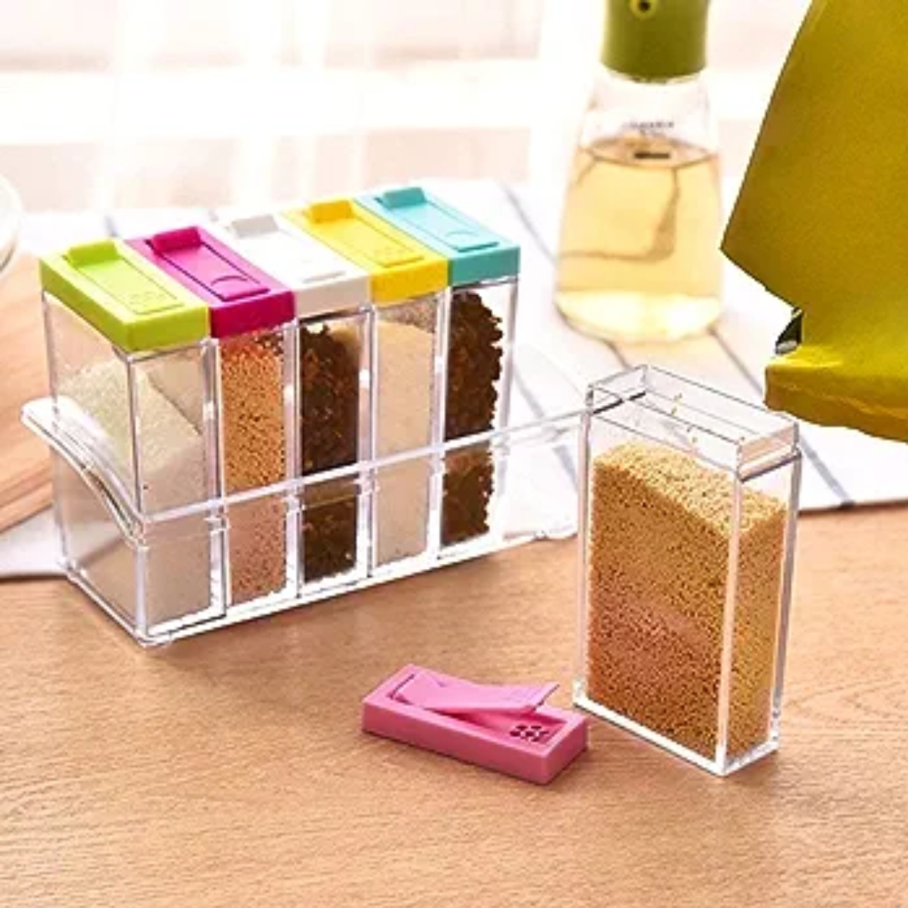 6 Piece Kitchen decor Transparent Spice Jar Set with Colorful Lids for