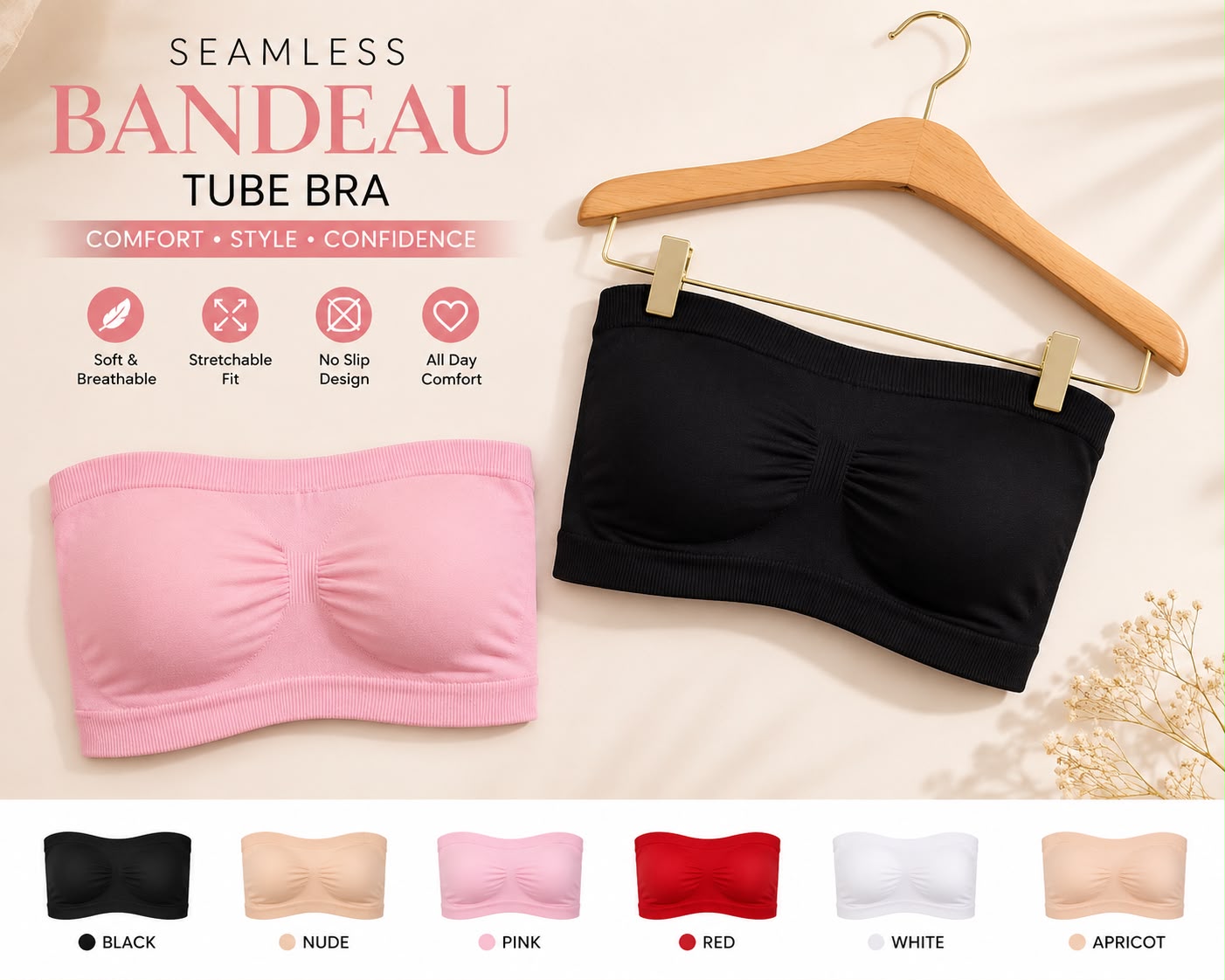 Stretchable Comfort Strapless Bra Non-Slip Soft & Perfect Fit Everyday Seamless Tube Bra