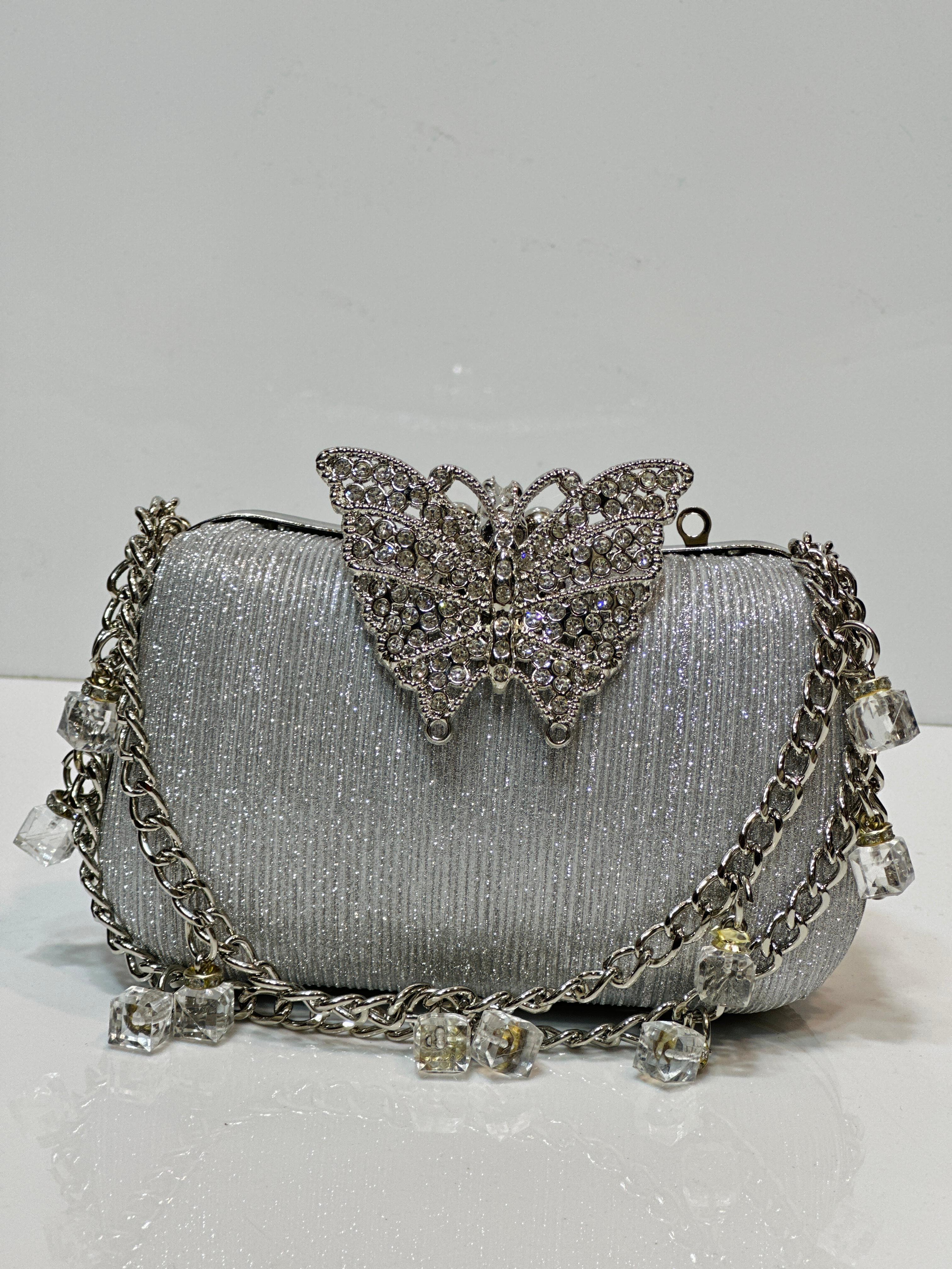 Luxury Shimmer Party Clutch Bag for Women & Girls – Crystal Butterfly Evening Box Purse with Gold Chain Strap – Elegant Wedding Handbag