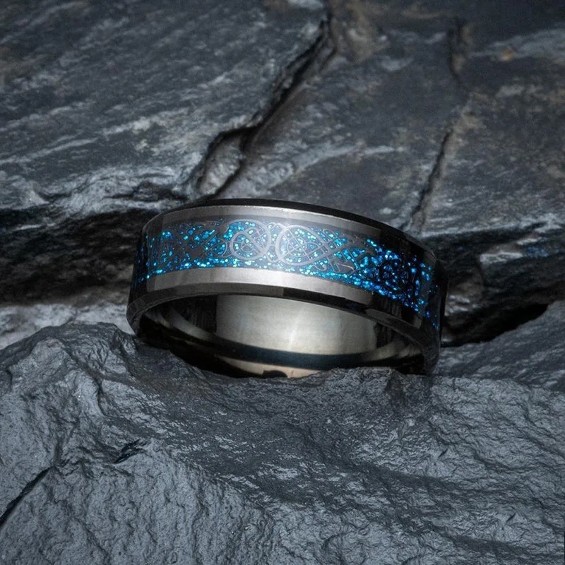 Men Jewelry Red Blue Black Dragon ECG Inlay Comfort Fit Stainless Steel Rings For Wedding Wide 8mm