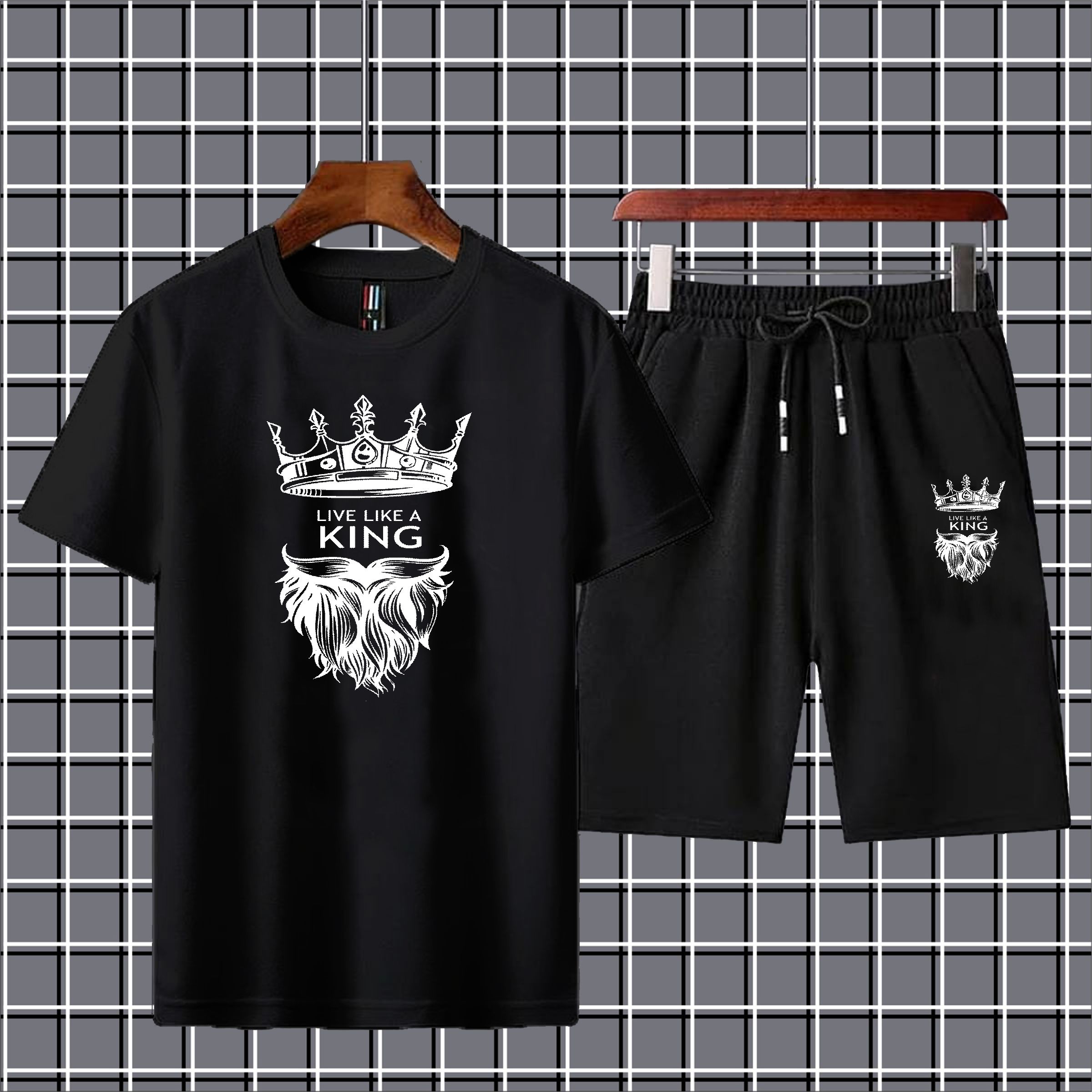 Live like a king Printed T-shirt And Shorts Summer Track Suit For Men -Black