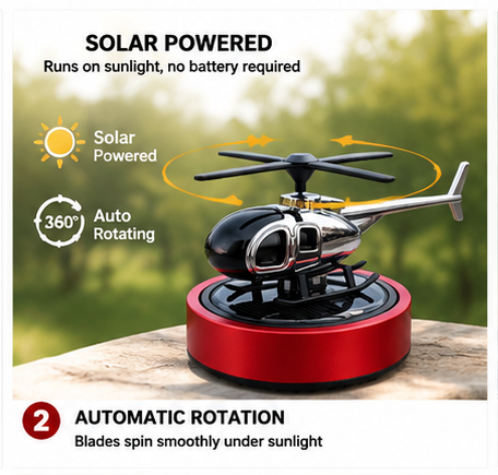 Solar Powered Rotating Helicopter Car Air Freshener | Alloy Aromatherapy Diffuser | Auto Rotating Fragrance | Car Dashboard Perfume | Home & Office Decor