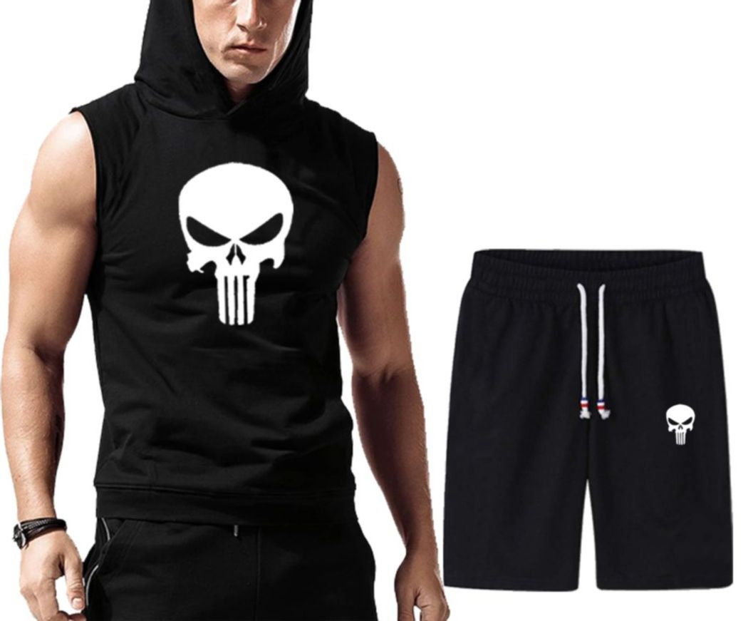 Men's Quick Dry Hooded+short  Vest Solid Color Fitness Training Muscle Workout Gym track suit for man