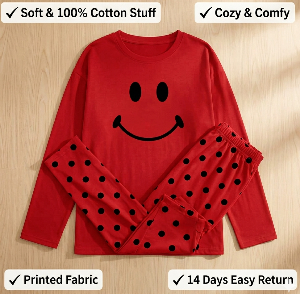 Cute Red Smile Full Sleeves Cotton Jersey Pajama Set for Women & Girls – Soft T-Shirt & Trouser Nightwear Summer Sleepwear Loungewear Printed Lounge Wear for Home, Sleep & Casual Use – Soft Breathable Fabric – Round Neck Tee with Matching Trousers