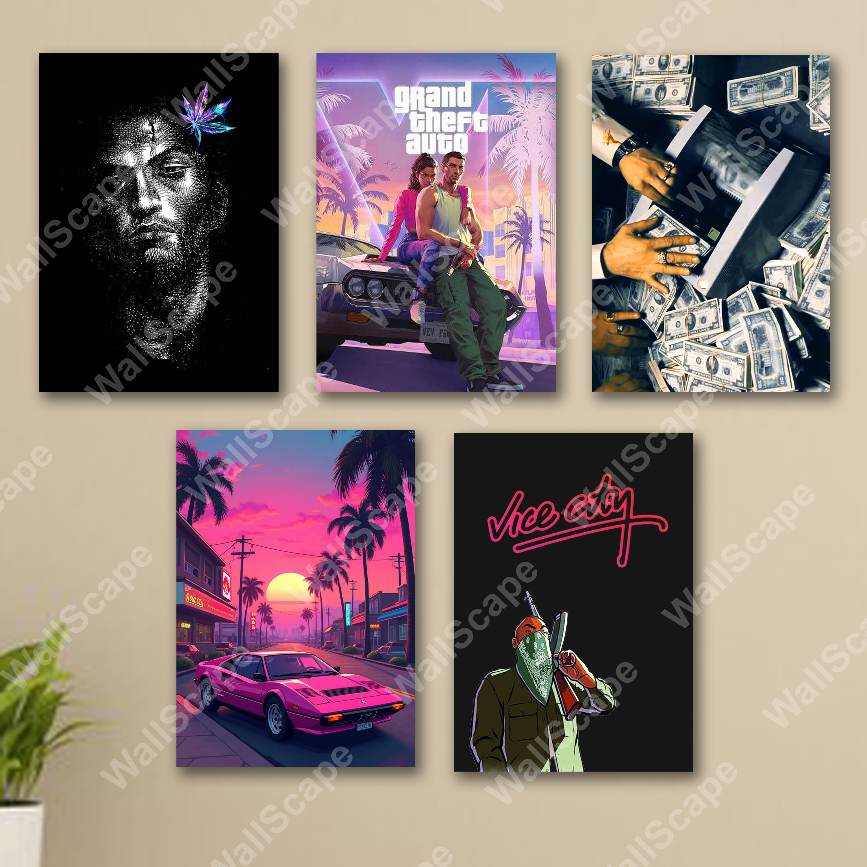 set of 5 motivational GTA vice city vagabond manga money motivation themed room decore wall art wooden frame sticky Phototile frames