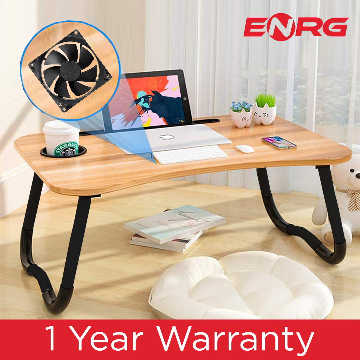 Energy - ENRG Wooden Gaming Laptop Table With Fan And Simple For Bed Foldable Stand Ergonomic Portable Drawing Notebook Reading Food Breakfast Serving With Inbuild Tablet And Cup Holder Slots Couch Black Brown Pink Yellow Green White Blue