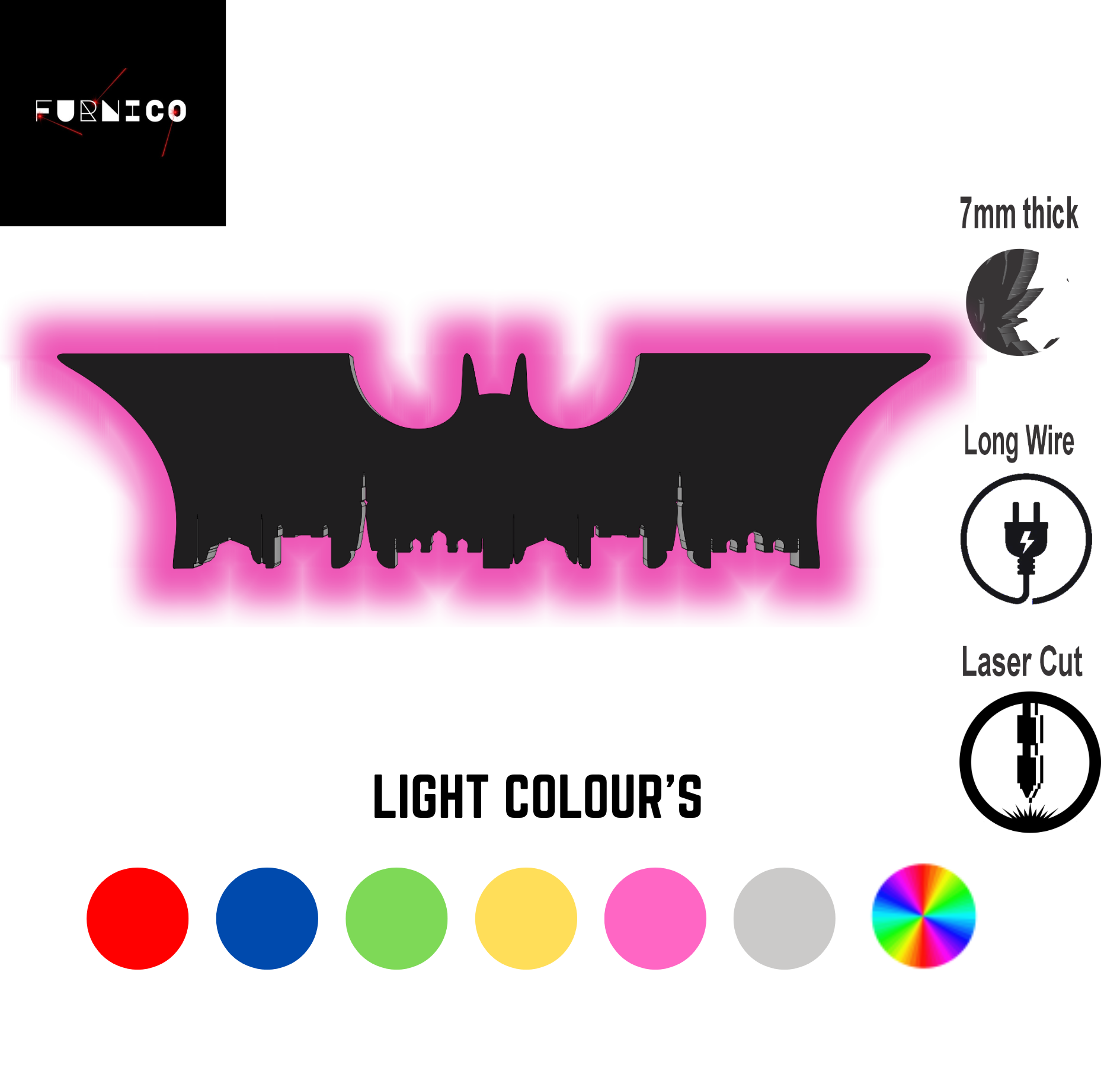 Batman-Inspired LED Wall Art Light with Multi-Color Option, 7mm Thick, Laser Cut, for Gaming and Home Decor