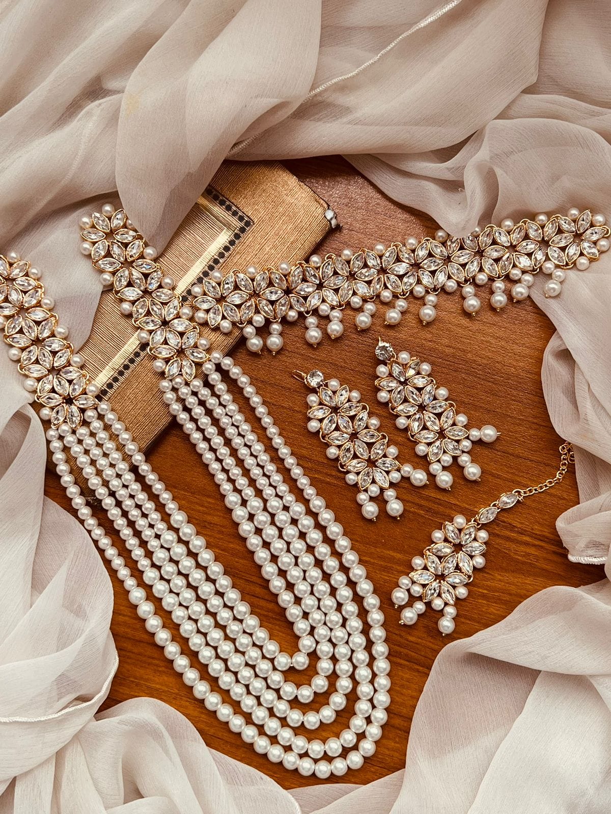 Double Mala Farshiya(Kundan) Sets - Flower Earrings, Flower Tika, And Chokar Sets With Mala Elegant Design Jewelry.