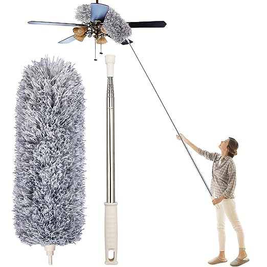 Microfiber Feather Duster Extendable Cobweb Duster with 100 Inch Extra Long Telescopic Pole Bendable Head Scratch Free Cleaning Brush for Ceiling Fan High Ceiling Blinds Furniture Car Window Cabinet Home Office No Ladder Needed