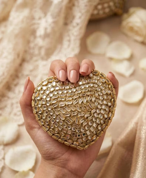 Most Trendy Mini Heart Metallic Kundan clutch  With Long Chain For Women & Girls