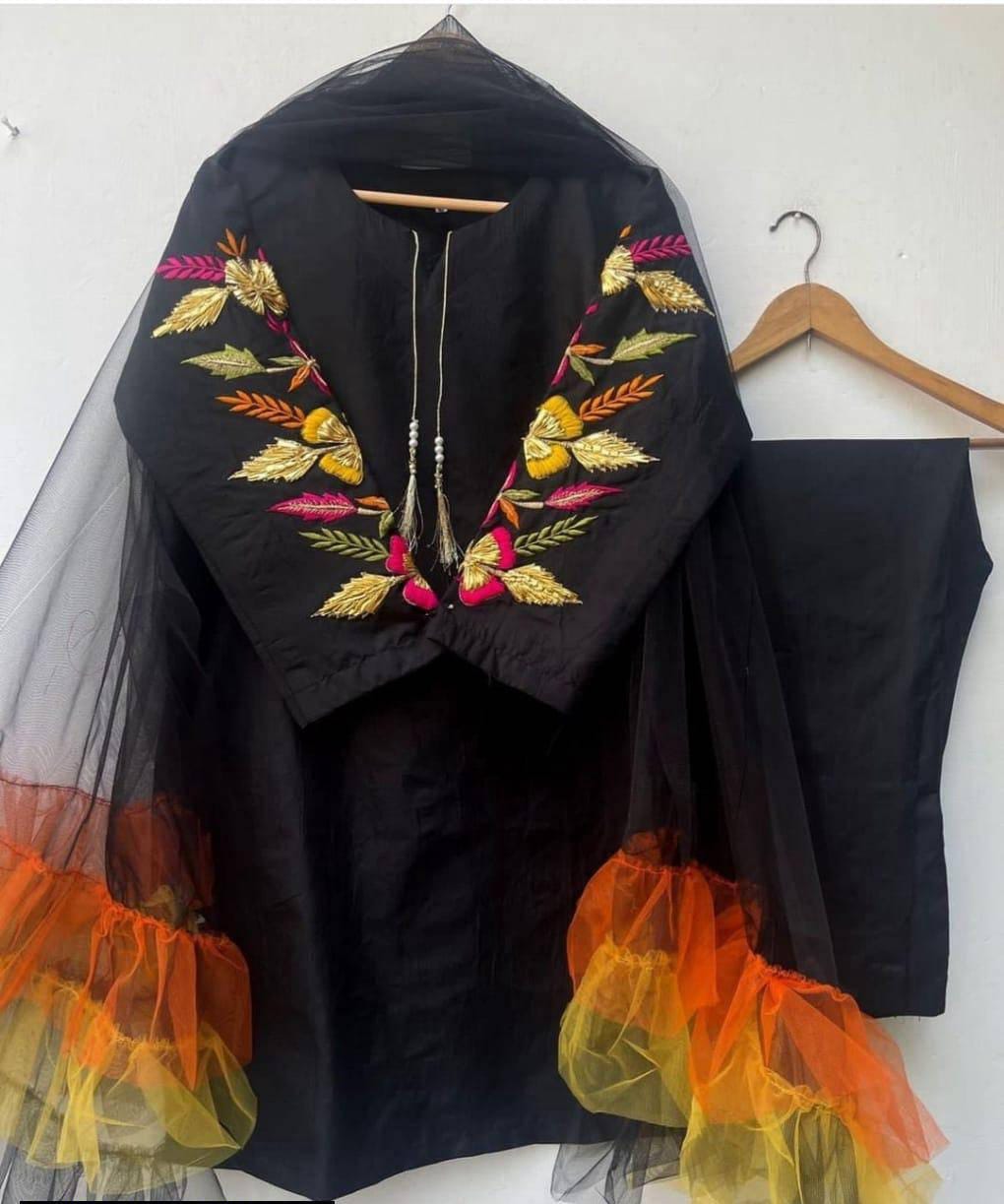 Katan Silk Fancy Net Dupatta Embroidery Three Pieces For Girls.