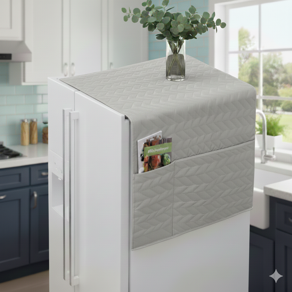 Fridge Dust Cover Waterproof Refrigerator Coat with 6 Pocket 21x56 inches Household Freezer Top Hanging Bag Fridge Storage Bag