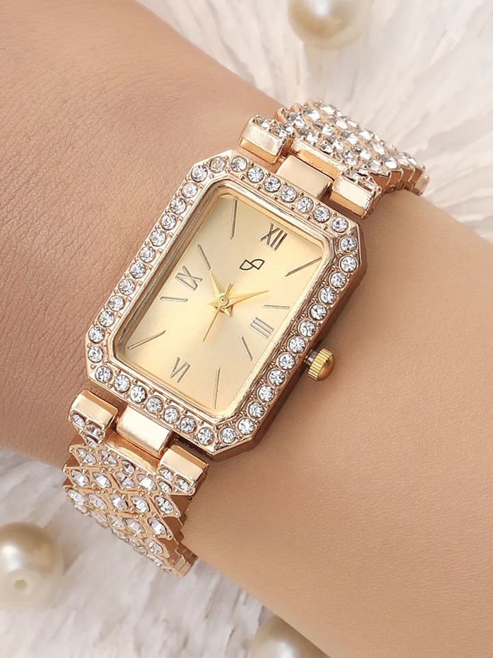 Rectangle Shape Watches in Rhinestone Blended Stainless Steel Jewelry Chain - Stylish Diamond Crystal Wrist watch For Girls With Bracelet Fashion Watch for Women's & Ladies - Premium Stylish Strap With Box For Gifts