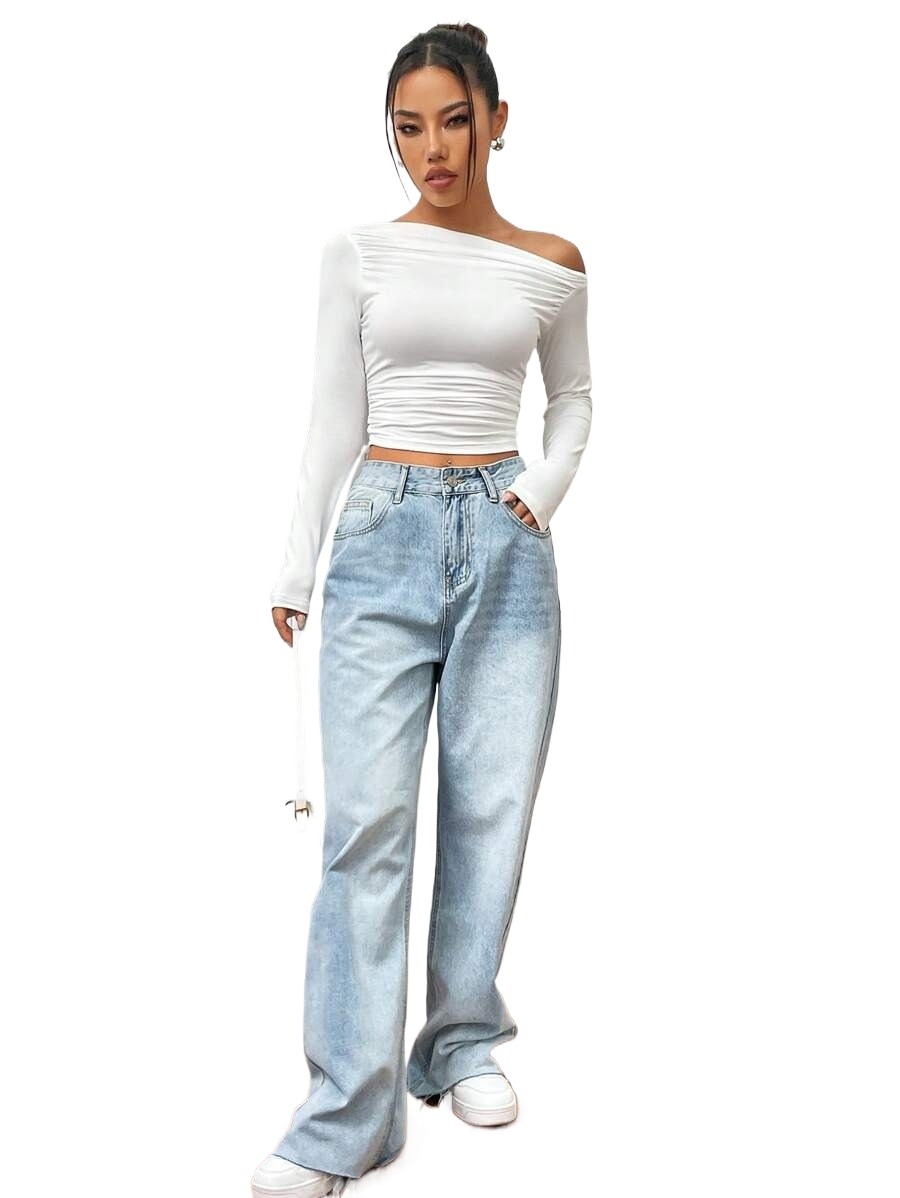 Solid Color Asymmetric Collar Pleated Cropped Top for Women