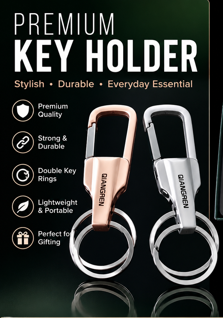 Premium Carabiner Key Holder with Dual Key Rings, Stylish Zinc Alloy Keychain for Men and Women, Strong Locking Clip, Portable Key Organizer for Car, Home, Office and Backpack, Scratch Resistant Finish, Rose Gold & Silver Available