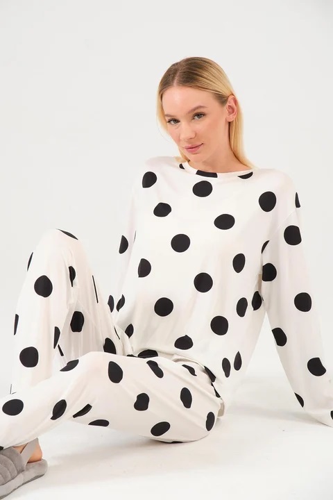 Full & Half SLeeves Women's White & Black Polka Dot Nightwear Set – Soft Cotton Pajamas – Stylish Sleepwear for Summer & All Seasons causl T-shirt Pajama nightwear sleep dress girls dress nighty night suit top tank tee pajama trouser 2 piece suit premium