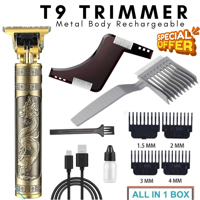 Professional vintage dragon style trimmer for men t9 hair trimmer and clipper, usb rechargeable T9 hair trimmer, shaving machine for men, men hair removing machine, grooming kit for men,T9 t-shaped blade with 0mm gaped.