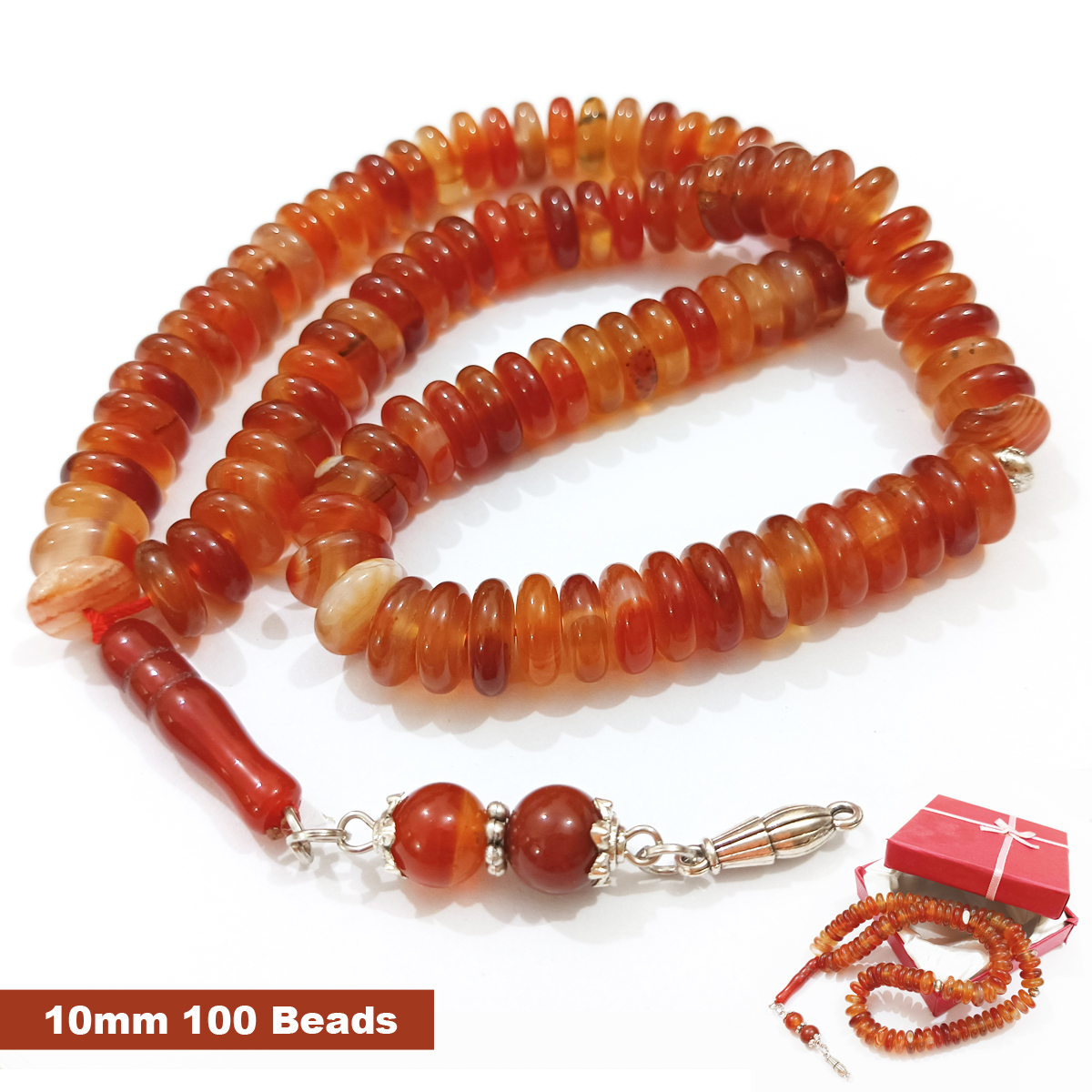 High Quality Turkish Design Red Sulemani aqeeq stone tasbih 100 beads of 10mm  | Red color Natural stone Aqeeq Tasbeeh 100 Beads With Box (size 10MM) -  (Agates)