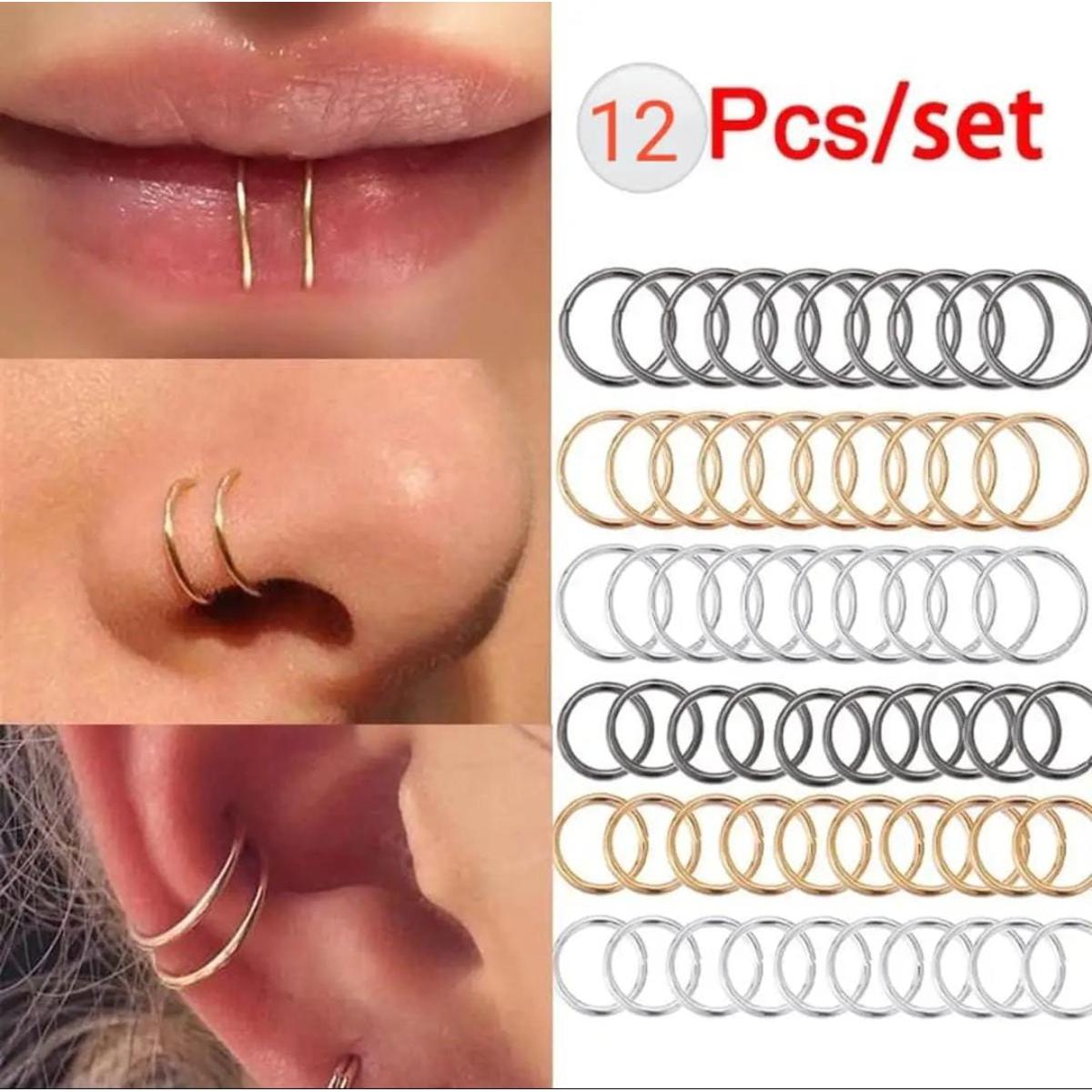 12Pcs/set Nose Ring Piercing Punk golden selvar Color Handmade Tiny Nose Lip Hoop Ring Septum Rings Piercing Stud Body Jewelry