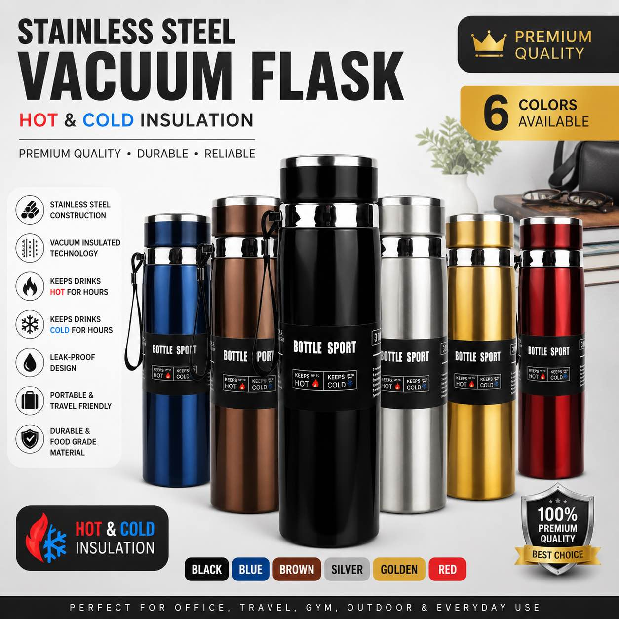 Premium Stainless Steel Water Bottle 1000ml  Double Wall Vacuum Insulated Thermos Flask  Hot & Cold Temperature Keeper 24 Hours  Leak Proof BPA Free Travel Bottle for Gym, Office, School & Outdoor  Best Water Bottle in Pakistan