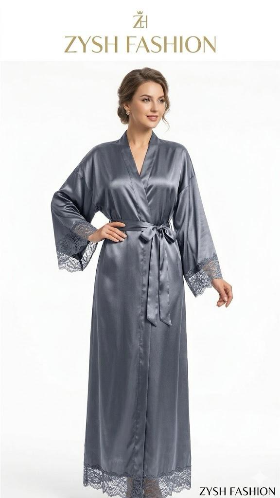 Elegant Satin Lace-Trimmed Long Sleeve Nightgown for Women - Cozy & Comfy Sleepwear