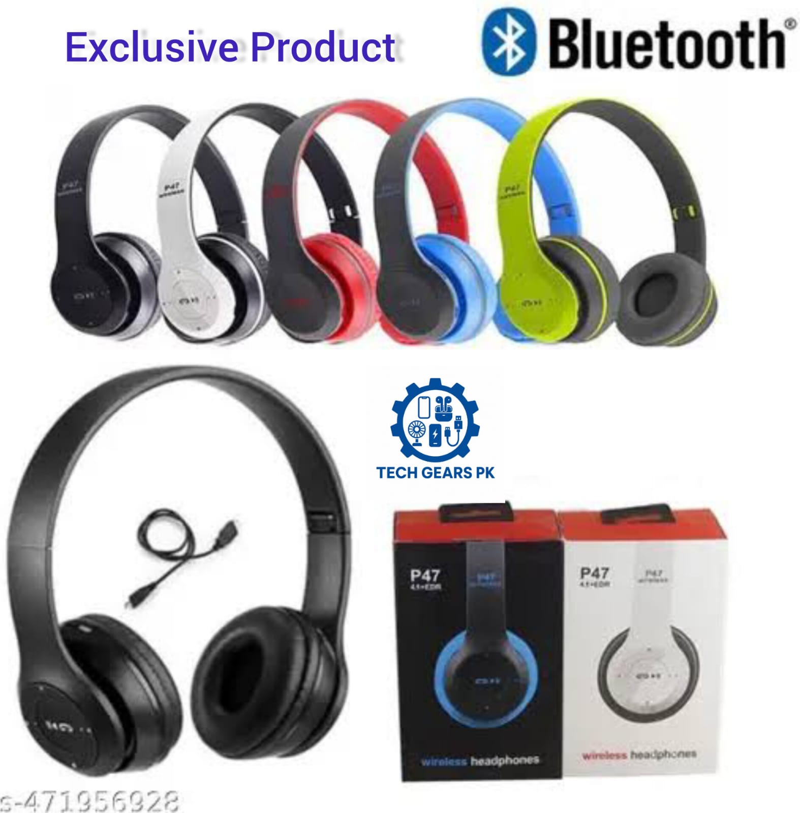 P47 Wireless Bluetooth Headphones | Foldable Stereo Headset with Mic | FM Radio & TF Card Support | Deep Bass Sound | Over-Ear Design | Rechargeable Battery | Exclusively available at Tech Gears PK