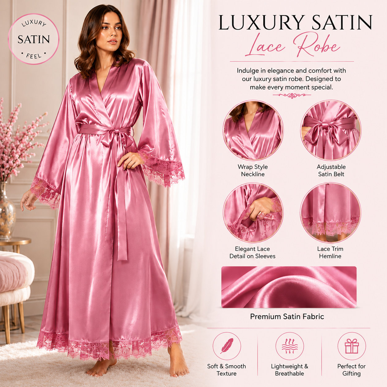 Pure Satin silk saxy hot honey moon nighty set, saxy nighty for girls, saxy nighty dress for women, saxy night suit for girls, hot saxy night suit for Girls, Satin Silk Gown Night Dress Satin Robe Short Kimono for Bride & Bridesmaid Lace - Pink
