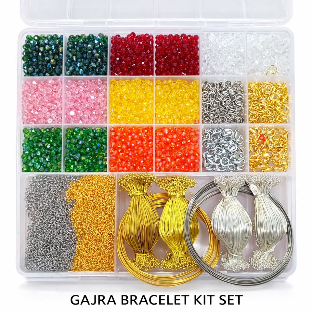 Complete DIY Bracelet Gajra & Jewellery Making Kit for Girls 4mm Crystal Beads + Memory Wire + Golden Beading Wire + Jump Rings & Lobster Clasps Bracelet Gajra & Jewellery Accessories Set With Big Box By Flex Cart