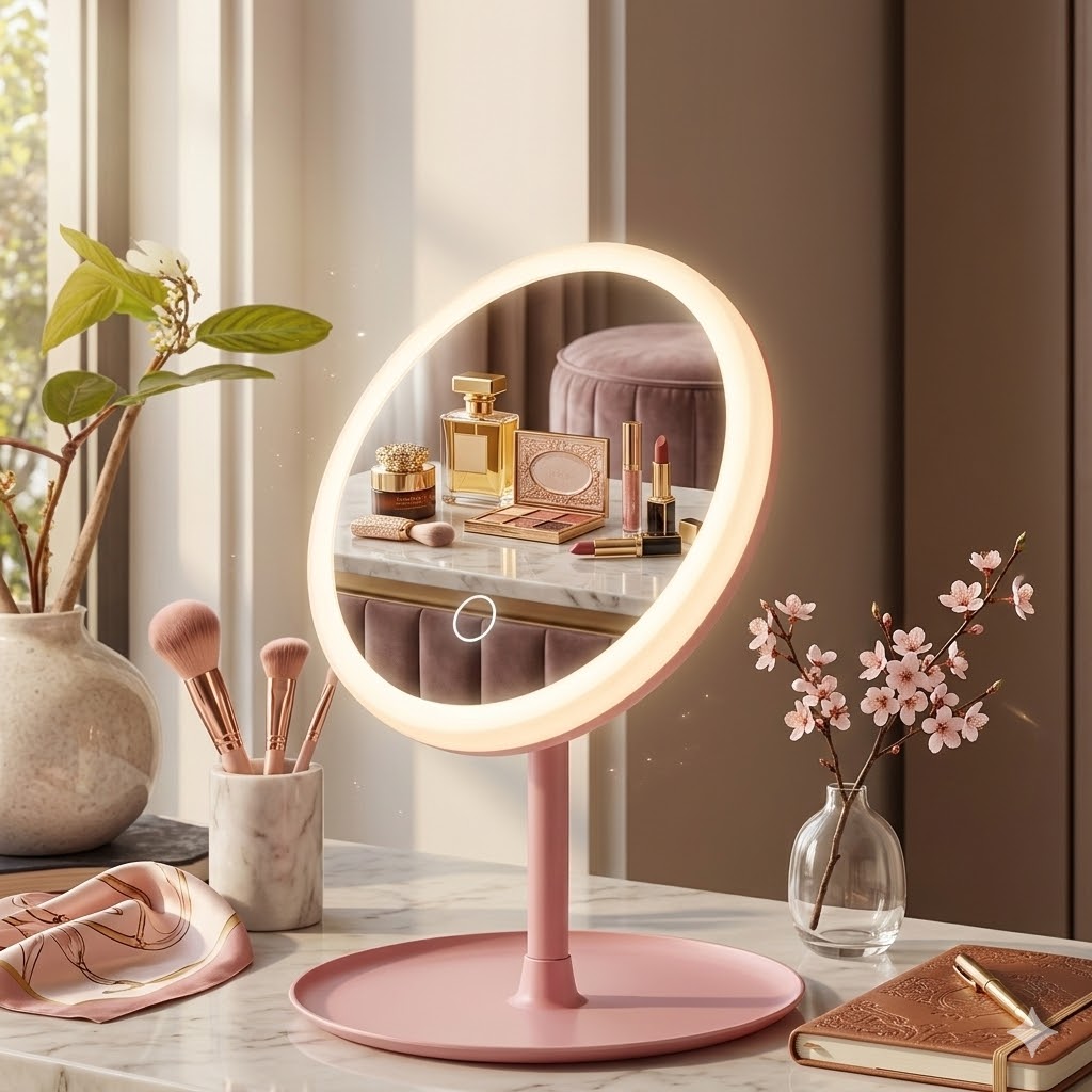 Portable LED Makeup Mirror With Light, Touch Sensor, Natural Daylight, Rechargeable Variant, 90° Rotating Vanity Mirror, Tabletop Vanity Mirror, Vanity Mirror With Light
