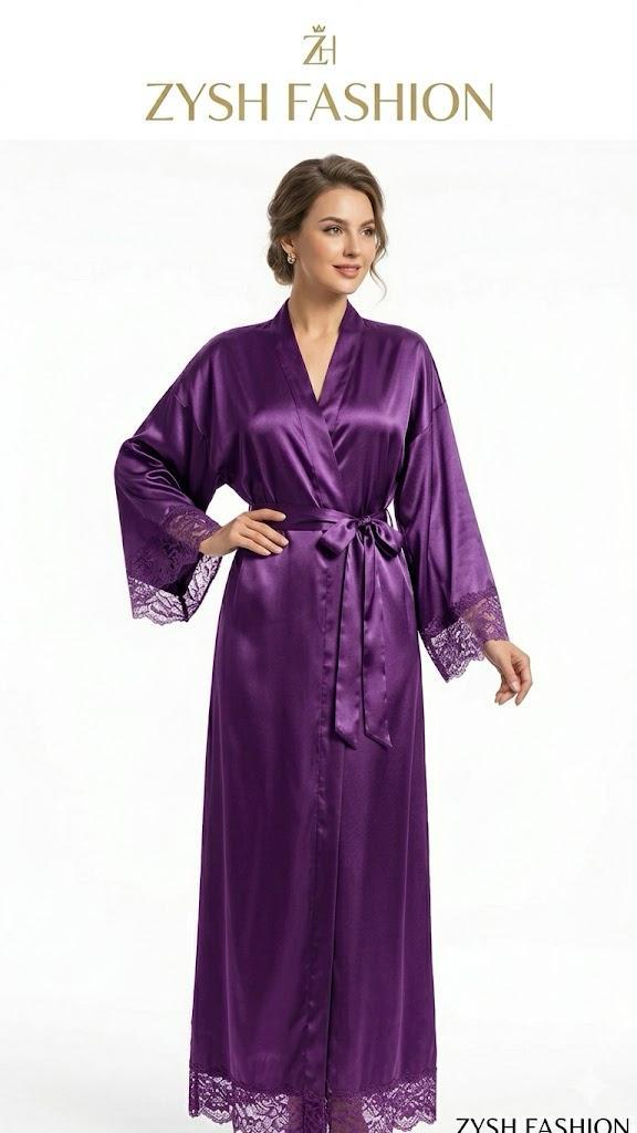 Elegant Satin Lace-Trimmed Long Sleeve Nightgown for Women - Cozy & Comfy Sleepwear