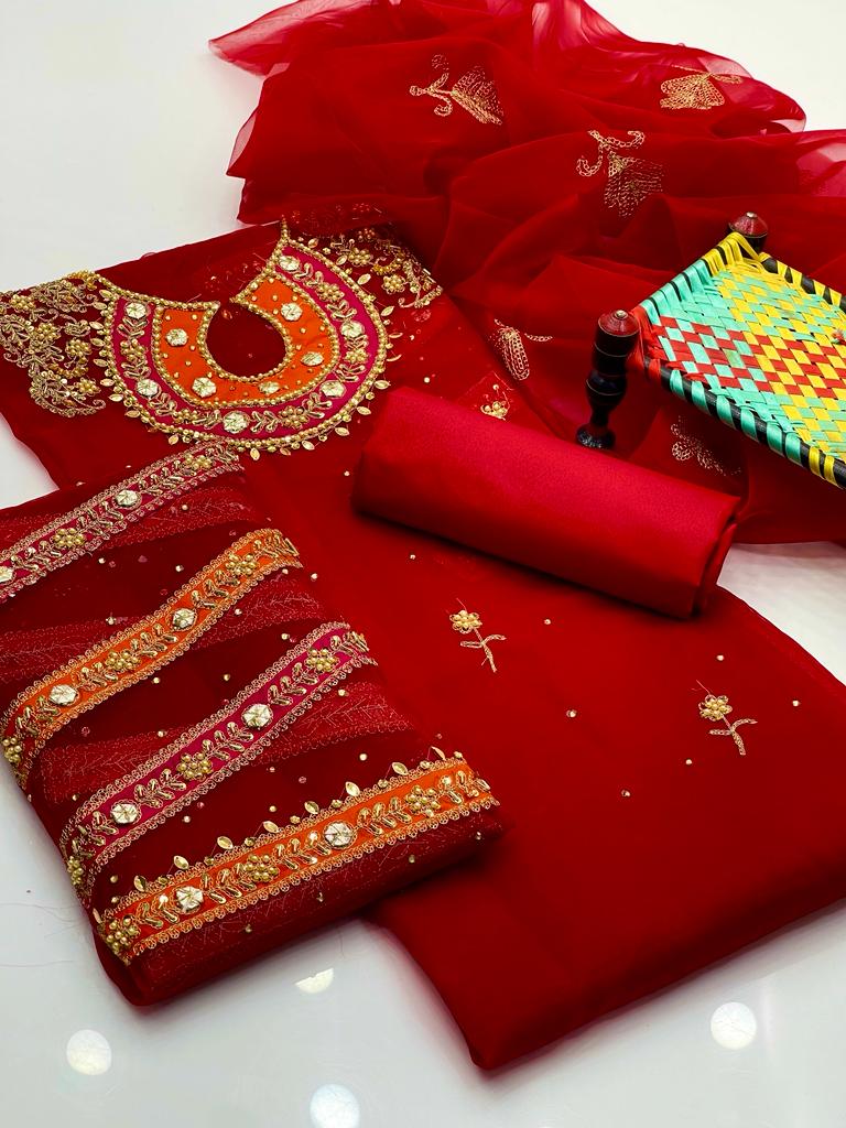 New Fancy Organza Unstitched Wedding Dress for Women – Organza Work Shirt, Organza Booti Work Dupatta, and Katan Silk Trouser