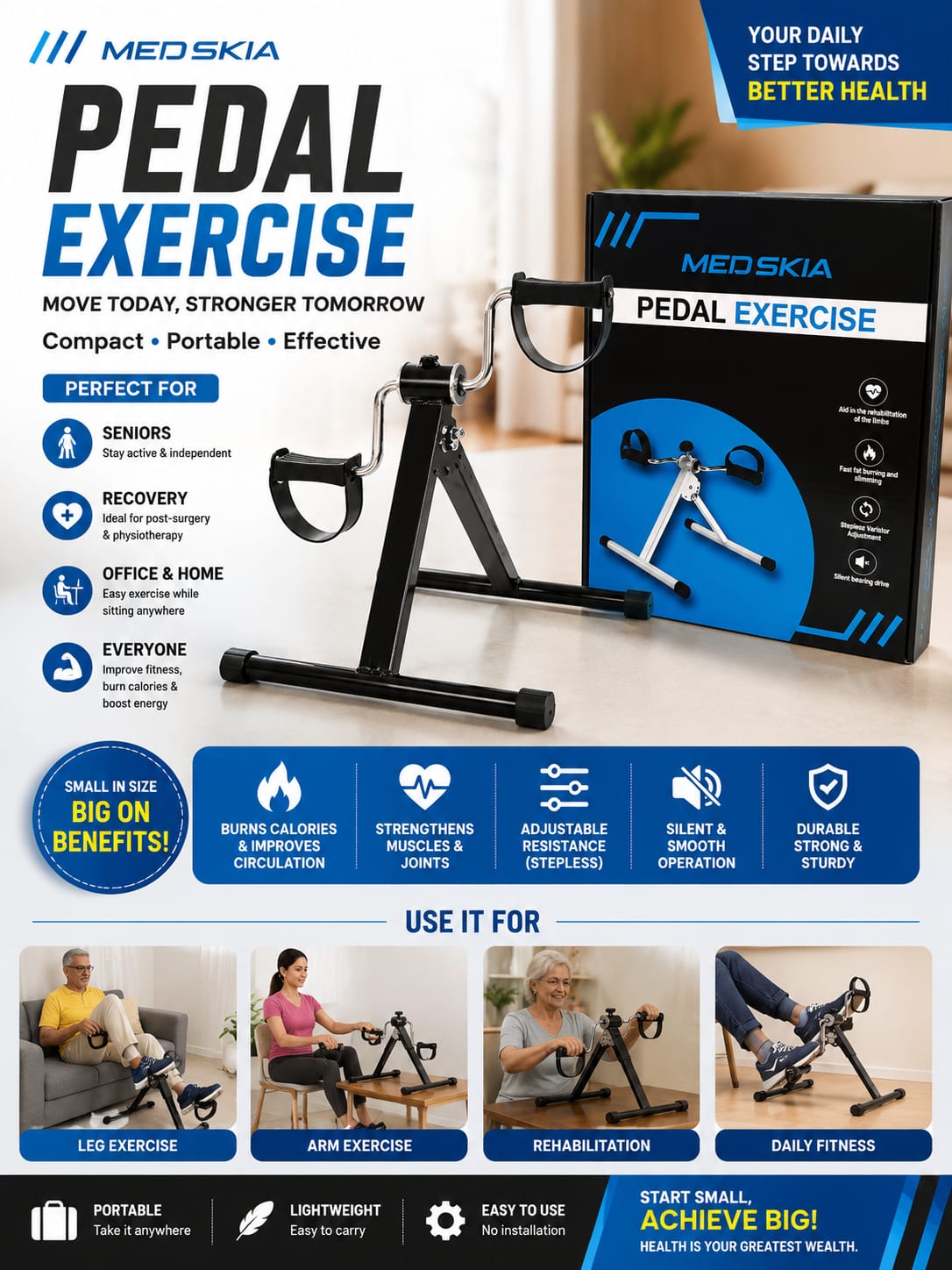 Mini Exercise Bike Pedal Exerciser for Home Gym Fitness, Portable Under Desk Cycle Machine for Legs & Arms Workout, Adjustable Resistance Foot Pedal Trainer for Physiotherapy Rehabilitation & Indoor Cardio Equipment by huazifa tech