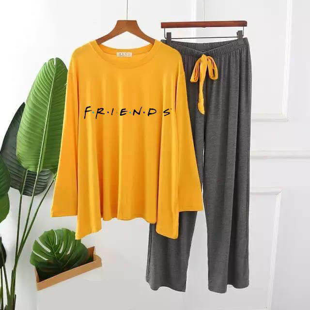 F.R.I.E.N.D.S Comfy & Cozy 2 Pcs Lounge Wear & Nightwear Suit for Girls & Women  Premium Soft Cotton O-Neck Full Sleeves Shirt with Pajama Trouser Set  Casual Home Wear Night Dress - Yellow, Pink, Black Size, women Dress tees long T-shirt & Trouser