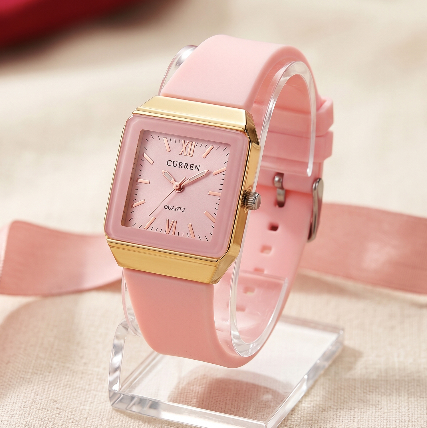 Wood Texture Women’s Rectangle Dial Watch For Girls Hand / Soft Silicon Strap Gift Watch