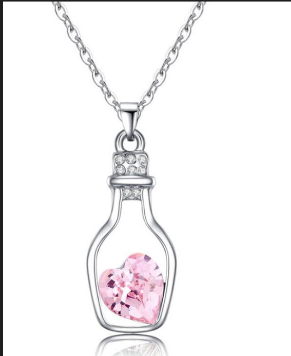 Crystal Heart Pendant Necklaces For Women Hollow Drift Bottle Fashion Jewelry Pink and Blue Color