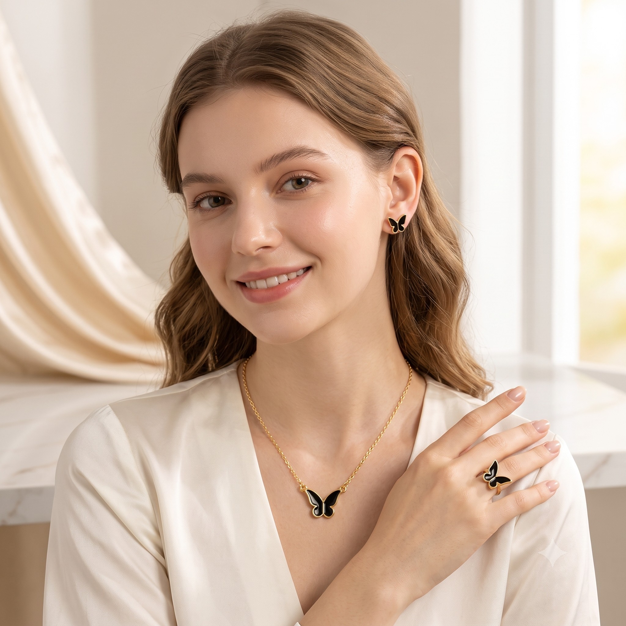 Butterfly Jewelry Set for Women | Black Butterfly Necklace Bracelet Ring & Earrings | Trendy Fashion Jewelry | Free Gift Earrings