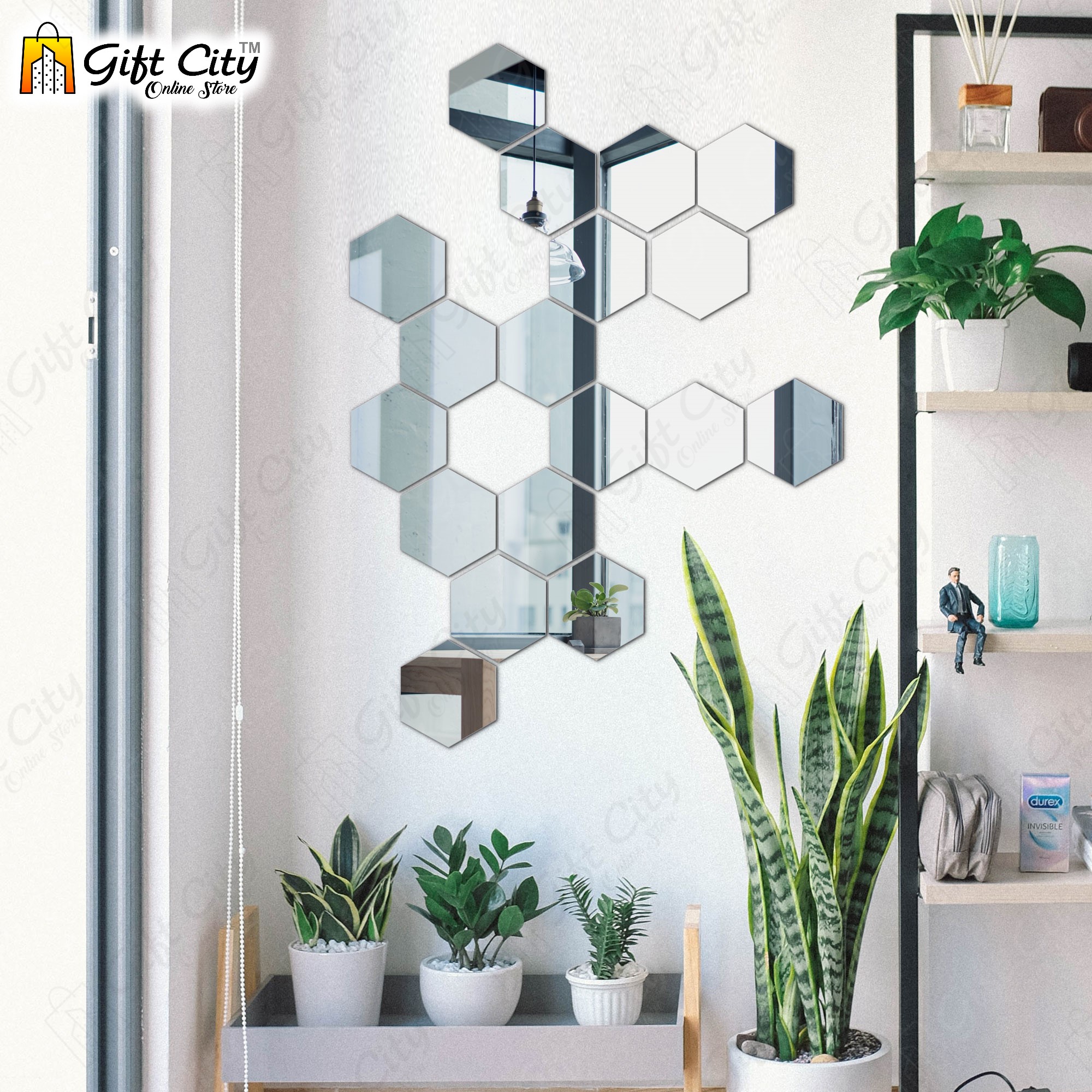 Gift City Presents Silver Acrylik Hexagon Mirror Wall Sticker Sets, 3D
