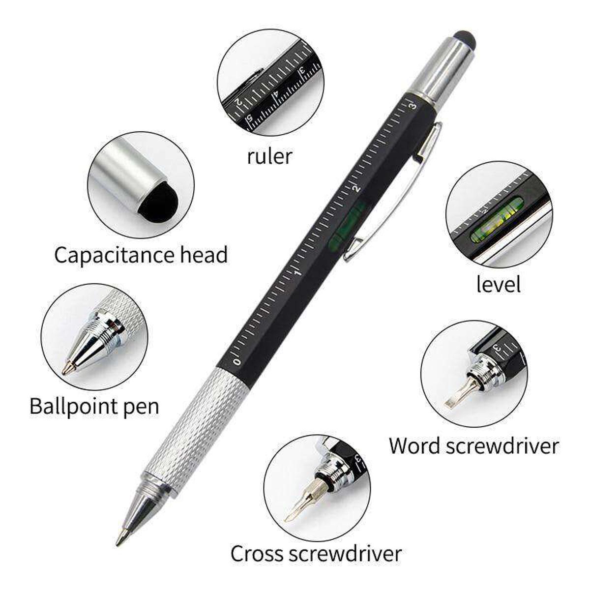 7 in 1 Multifunctional Touch Screen Stylus Ballpoint Pen with Screwdriver Spirit Level Scale Ruler Full Metal