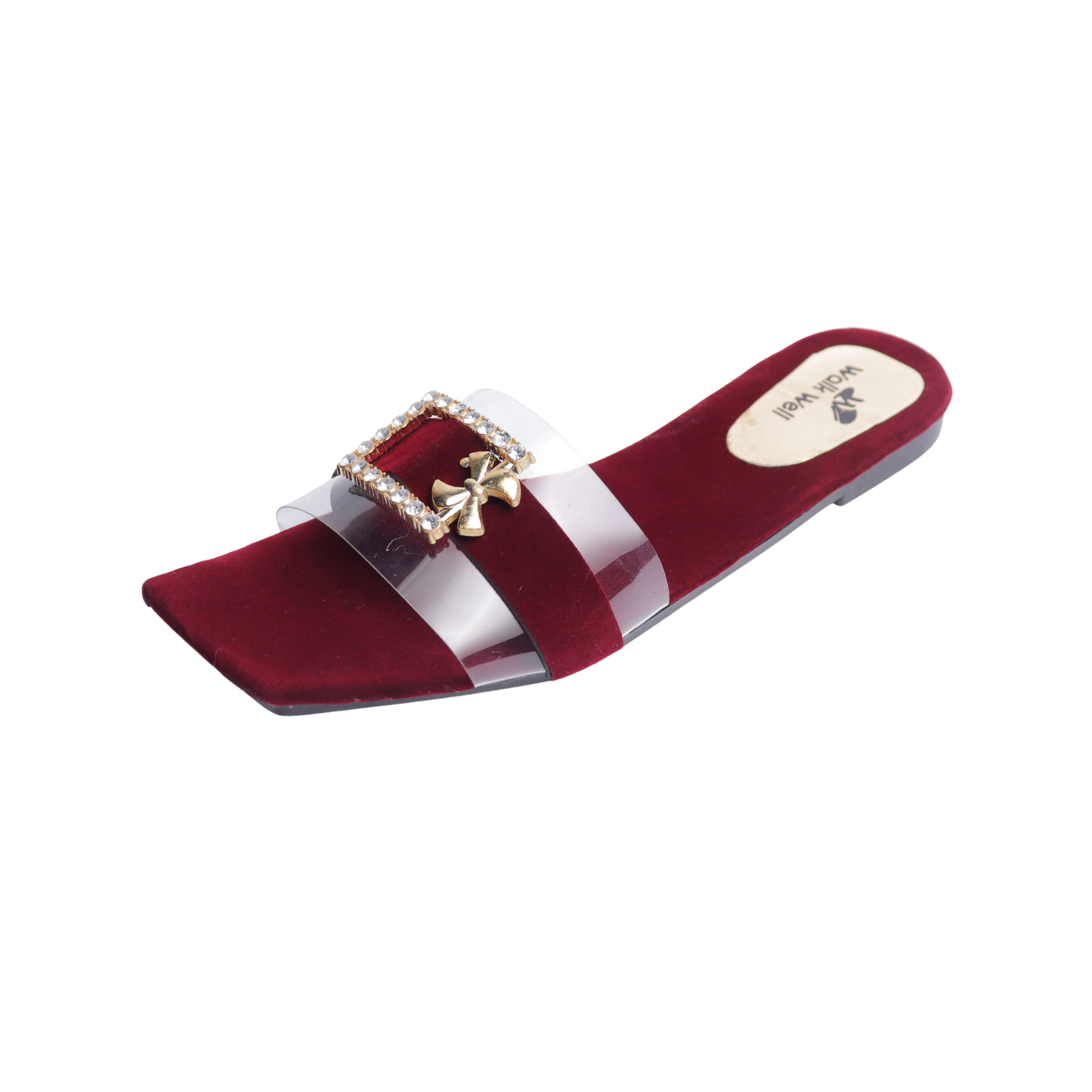 Ladies Velvet Slippers for Women | Fancy Buckle Bow Flat Sandals | Black & Maroon